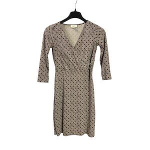 Ann Taylor Loft Brown Beige Basketweave Print Faux Wrap Midi Sheath Dress Size 2